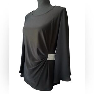Dress Barn Black Blouse Rhinestone Detail Flare Sleeve Silky Ruched Top Sz M